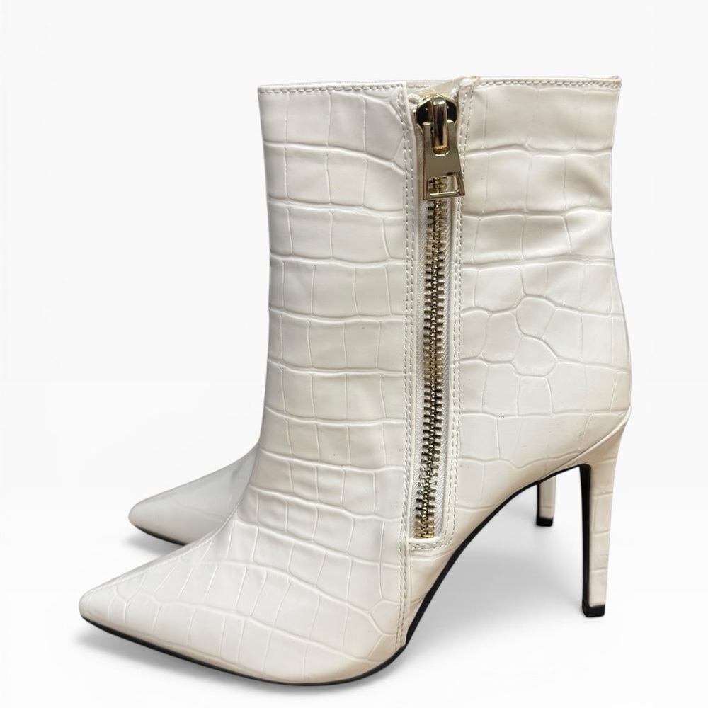 I.N.C. White Croc Embossed Zip Booties Pointed Toe Stiletto Heel US 9